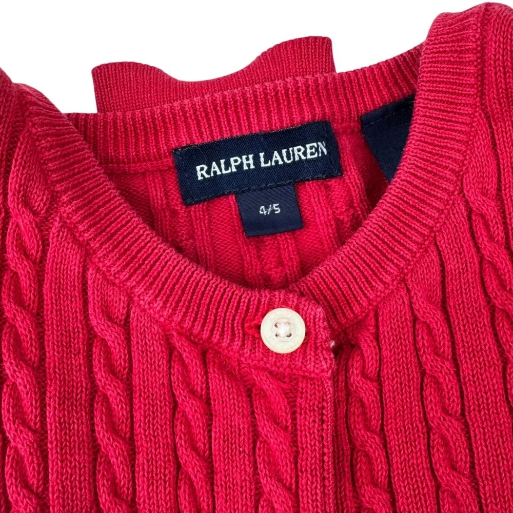 Ralph Lauren Cardigan Kids 4/5 Red Cable Knit Cotton Pony Sweater Preppy Classic